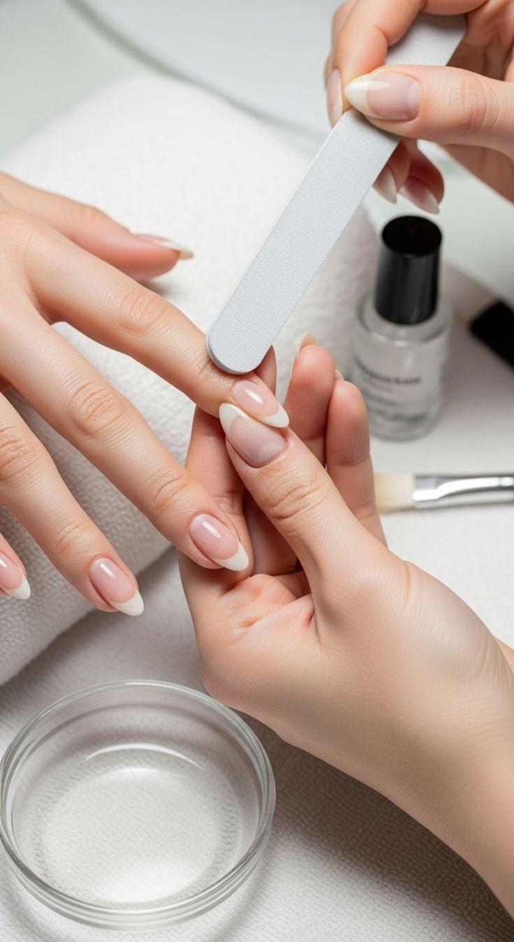 Rose filing a client's French-manicured almond nails at the salon table